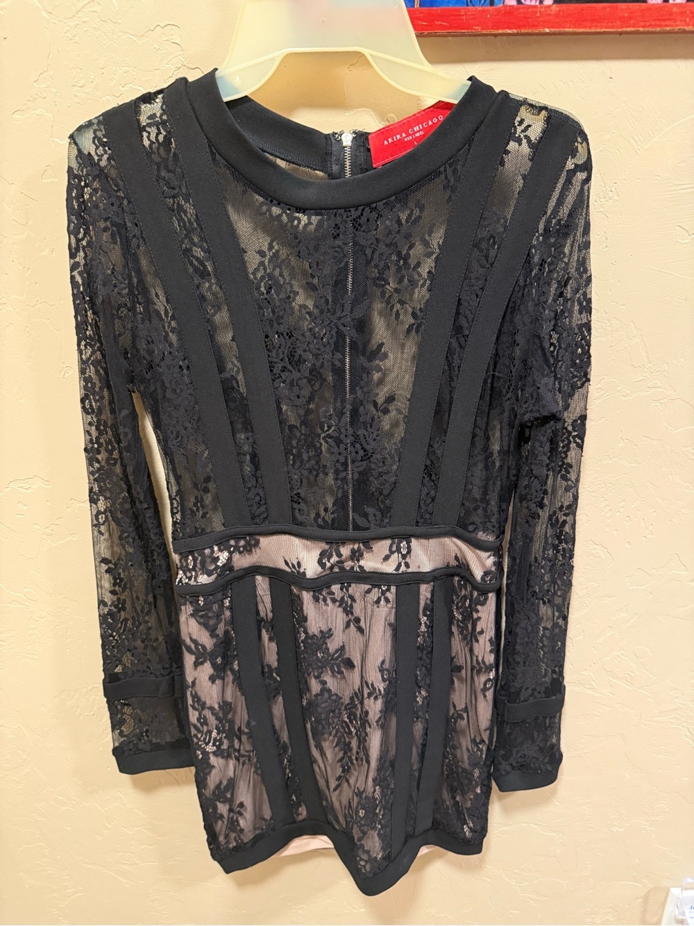 Black Lace Long Sleeve Sheer Mini Dress
